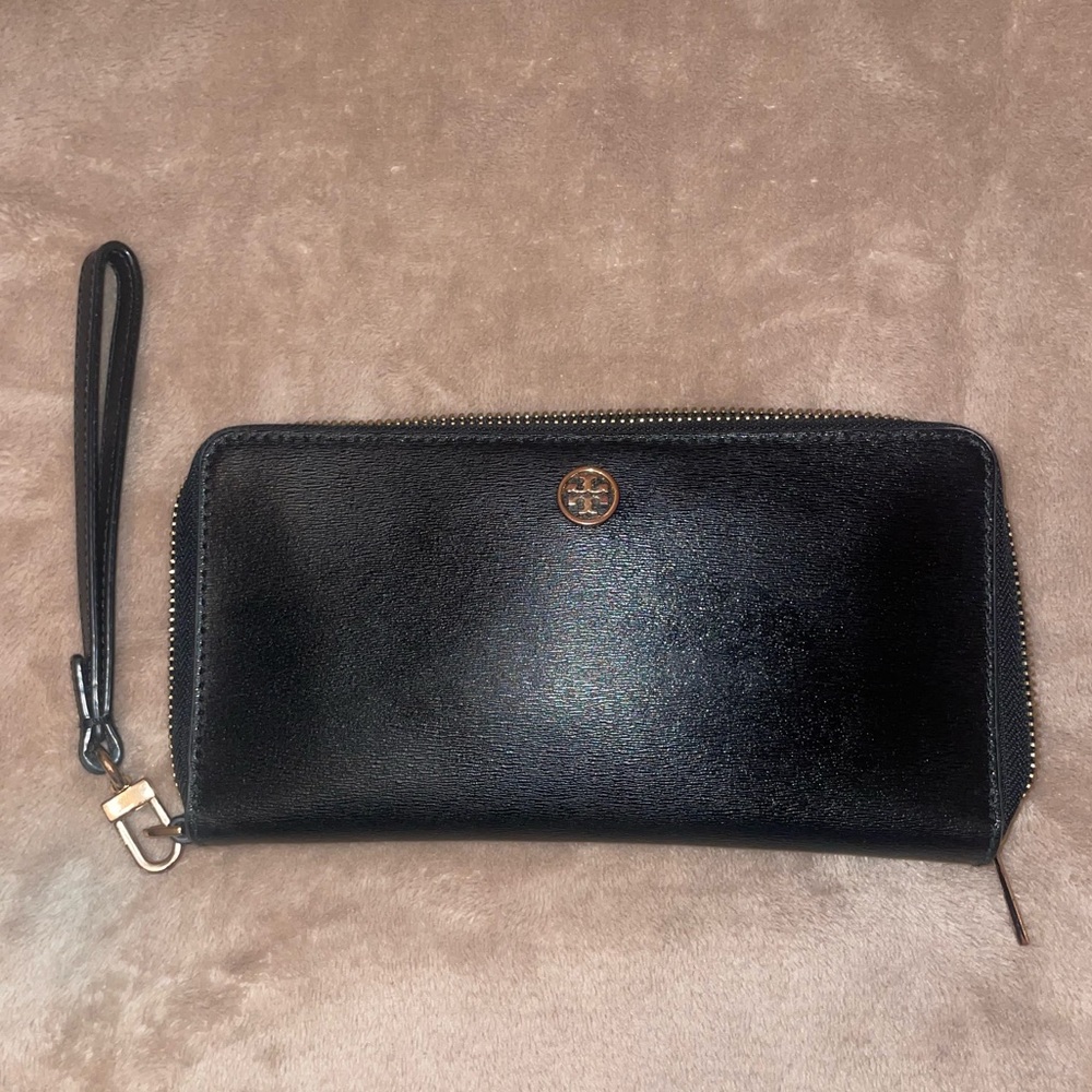 Tory Burch Black Wristlet Zip Wallet with Gold Logo
